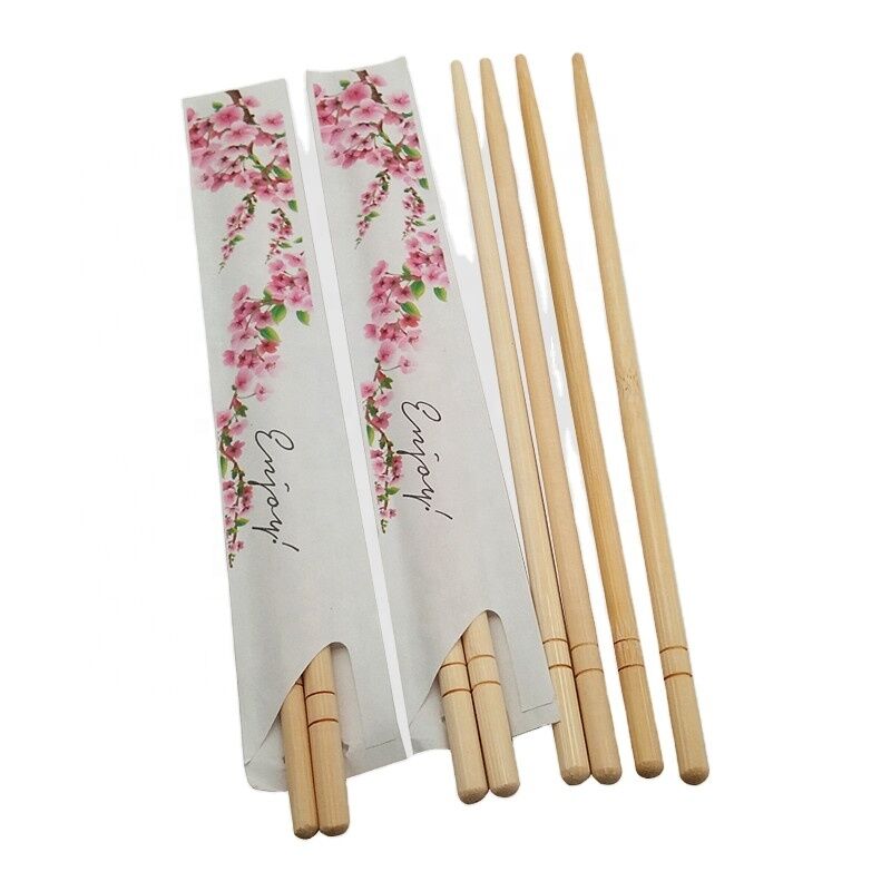 Disposable Bamboo Chopsticks with Paper Sleeve Pack Round Shape and Small Flower Printed
